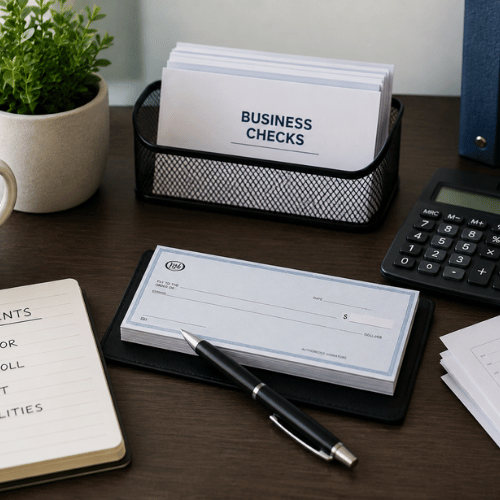 The image shows an organized dark wooden desk featuring a pad of blank business checks with a pen, a calculator, a notebook, and a black mesh holder filled with cards labeled "BUSINESS CHECKS."